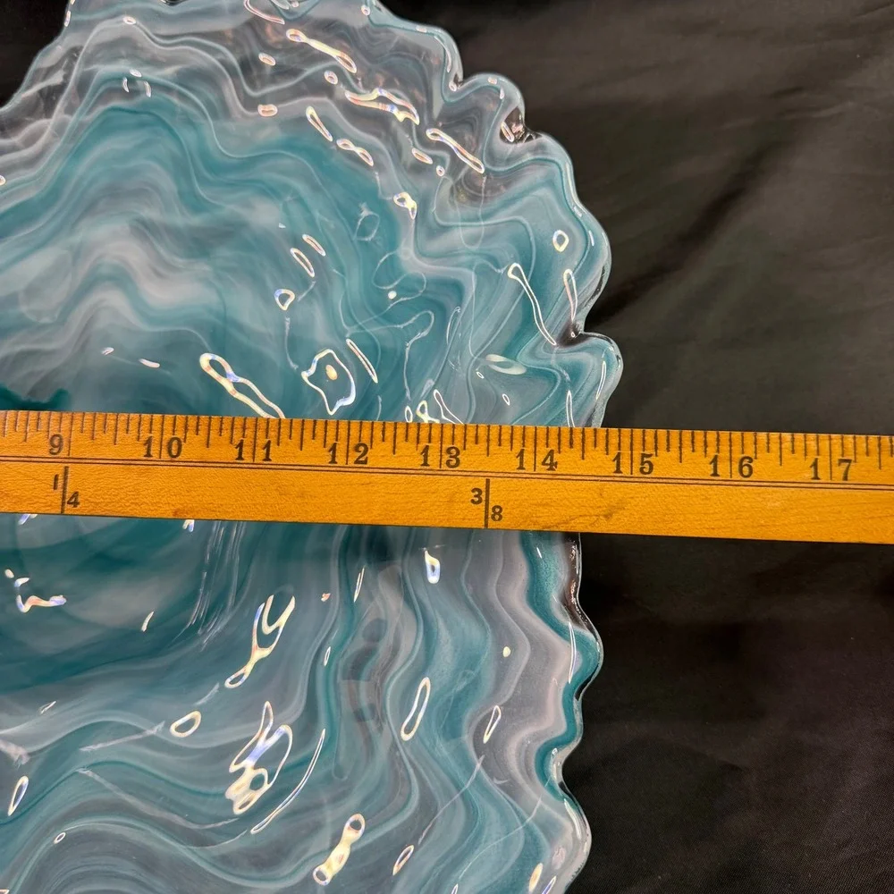 Murano Style Hand Blown Art Glass Oyster Bowl Freeform Aqua White Marbled Swirl